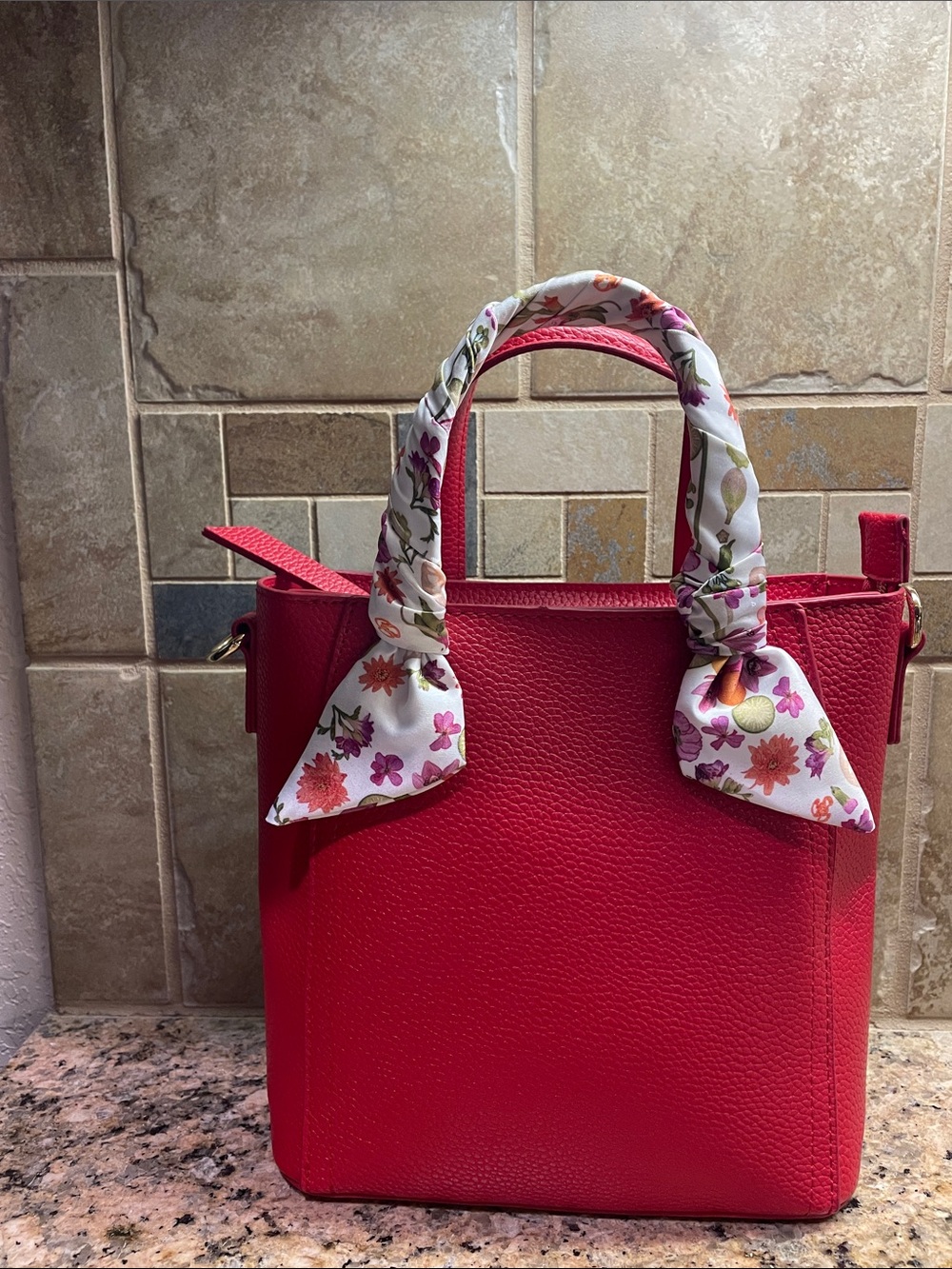 Red Structured Tote Bag with Floral Scarf Handles